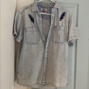 Tommy Hilfiger White & Denim Stripe Button Down Short Sleeve- Custom Embroidered